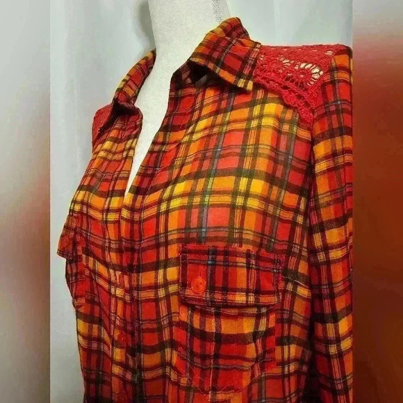 Excuse Me Miss Juniors Orange/Gold/Maroon/Black Plaid Polyester Blouse Large - Picture 3 of 9